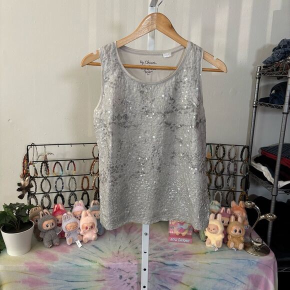 CHICOS small Silver reflective Sleeveless Top embellished holiday layering - Picture 2 of 7